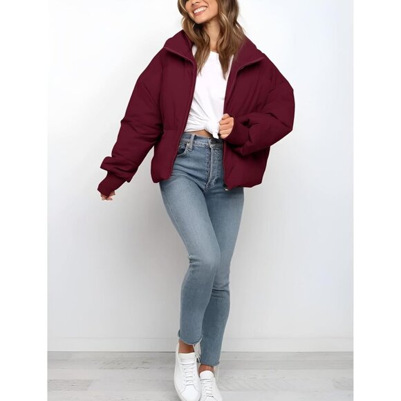Women's Puffer Jacket Coats Short Warm Quilted Jackets with Pockets Burgundy - Picture 2 of 7